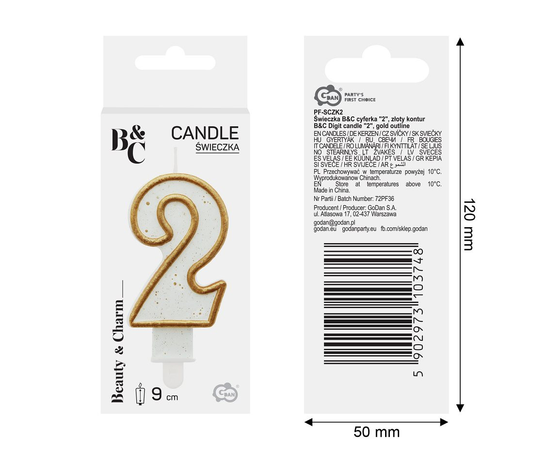 Digit candle "2", gold outline, 8 cm